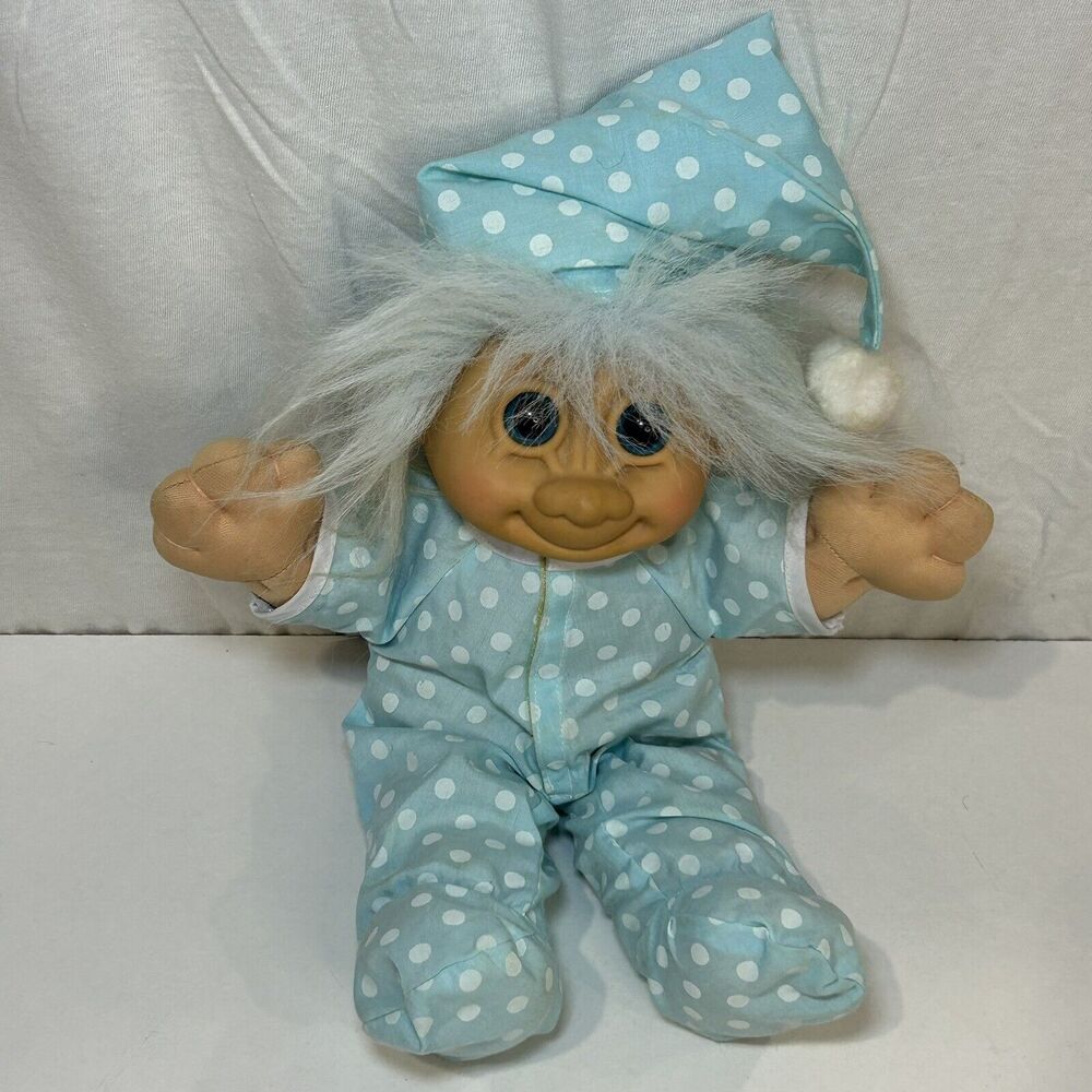 Vintage 1990s Russ Barrie 12" Troll Doll Light Blue Pajamas w/Hat & Plush Body